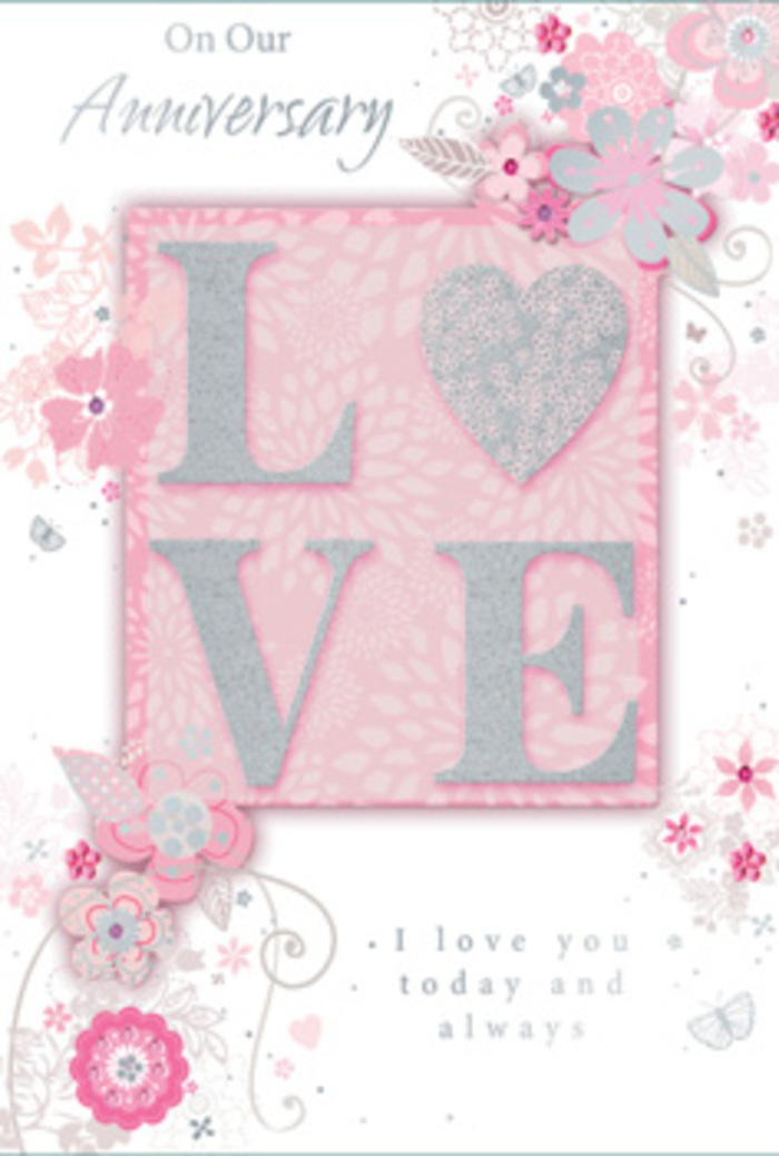 This anniversary card unfolds like a gentle love story, its design reminiscent of a sunlit room in a Wallington home where a vase of pastel flowers brightens the table each day. The main motif on the front is the word "LOVE," highlighted in soft, frosted glitter that rises slightly from the surface, inviting fingertips to trace each letter. Light from a nearby window would make the glitter dance subtly, echoing the playful sparkle of clear water in a glass vase. Around this central word, wispy, hand-drawn blooms drift along the borders, their petals coloured in shades of blush pink, lilac, and creamy ivory that mingle in effortless harmony, like a mixed anniversary bouquet gathered from a local florist not far from Woodcote Road. Slender stems, filigree curls, and dainty leaves extend outward, accompanied by almost-hidden butterflies that hover between the floral sprays. These tiny details suggest the delicate flutter of hearts and the quiet excitement of another year spent together. The message "I love you today and always" appears in graceful, understated type, balanced carefully so that it feels neither crowded nor stark-rather, it nestles into the design the way a final stem of foliage tucks neatly into a finished arrangement. Soft pink tones and gentle shading create an atmosphere of peace and gratitude, as if the card carries the scent of a pastel bouquet fresh from the shop. The whole piece becomes more than paper; it feels like a hand-tied expression of enduring affection, perfect for an anniversary celebration in Wallington.